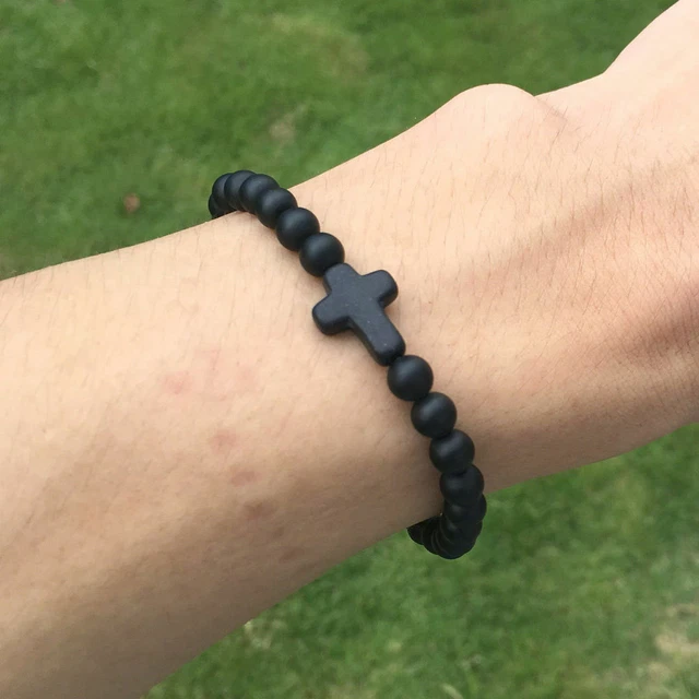 Bracelet perlé croix en pierre d'onyx givrée 8 mm 7,5 pouces poignet Reiki Tibet argent 2