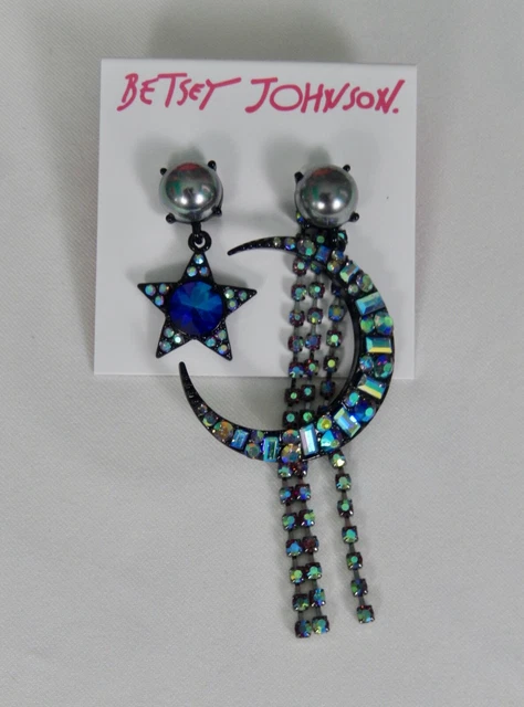 Authentic Betsey Johnson Crescent Moon Star Mismatch Crystal Jacket Earrings