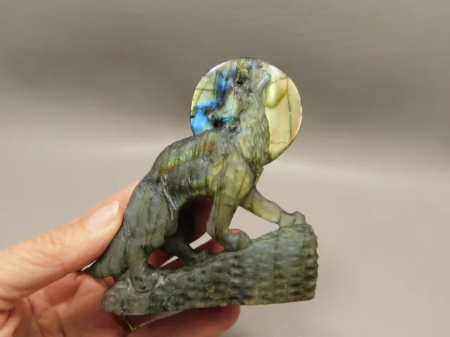 Howling Wolf at Moon Figurine Labradorite 3.75 inch Coyote Carving #O302