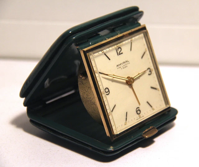 RARE VINTAGE MECHANICAL Travel Folding Alarm Clock Switzerland Amyral