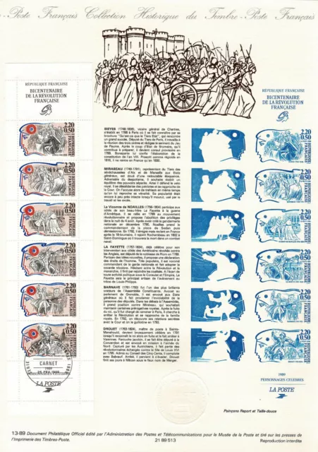 1989 FRANCE NOTICE 1er JOUR N°BC2570 PERSONNAGES DE LA REVOLUTION (6 TIMBRES) 2
