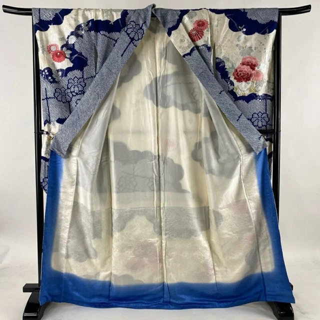 Japanese Kimono Furisode Pure Silk Yamato Frail Embroidery Tie-Dyeing Blue 3
