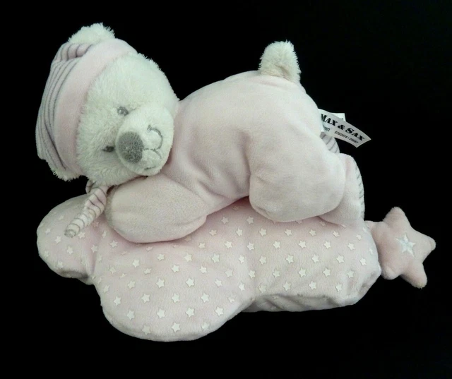 88/2. Doudou Peluche Musical Max Et Sax Ours Rose Blanc Etoile Bonnet Bon Etat