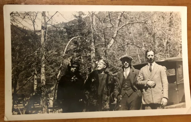 Vintage Photo Family Group Snapshot In Front Of Car Snow Mountains Fur