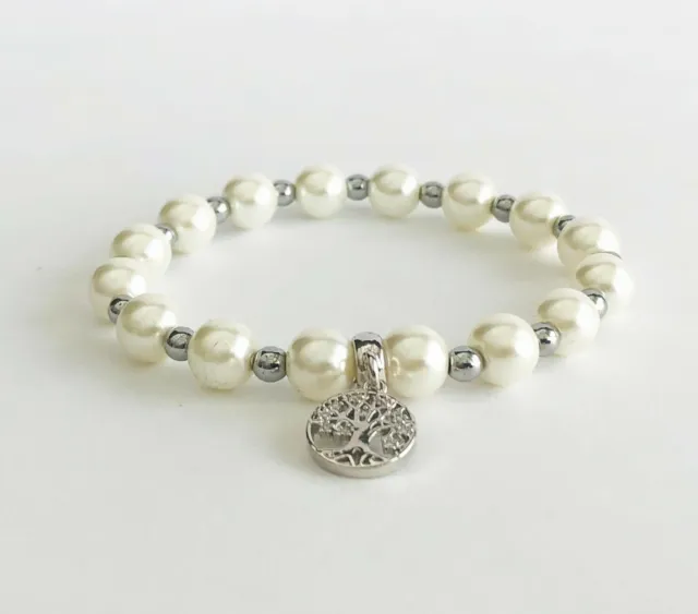 Brand New Handmade Faux Pearl Beaded Bracelet with Tree of Life Pendant. 