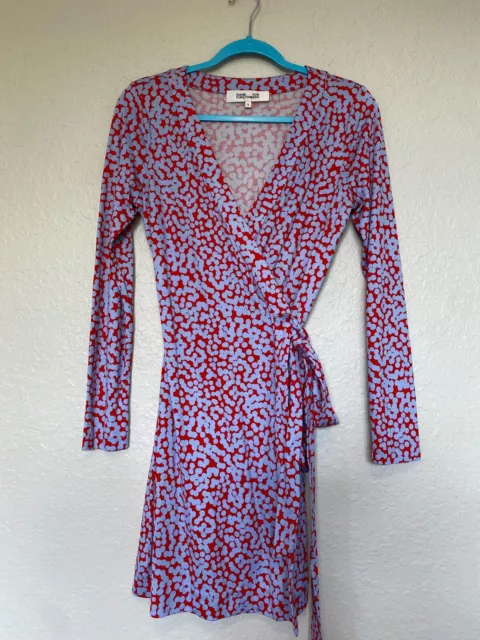 Diane Von Furstenberg DVF Wrap Long Sleeve Womens Red Blue Knee Length Dress 8