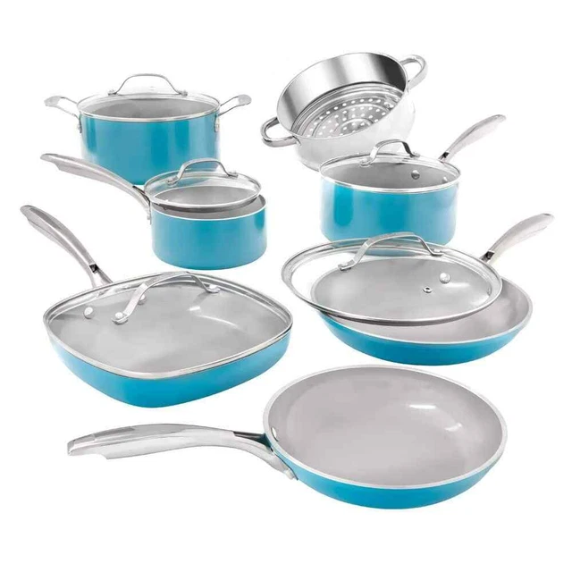 Juego de utensilios de cocina antiadherentes de cerámica de aluminio azul acuático con tapas de vidrio