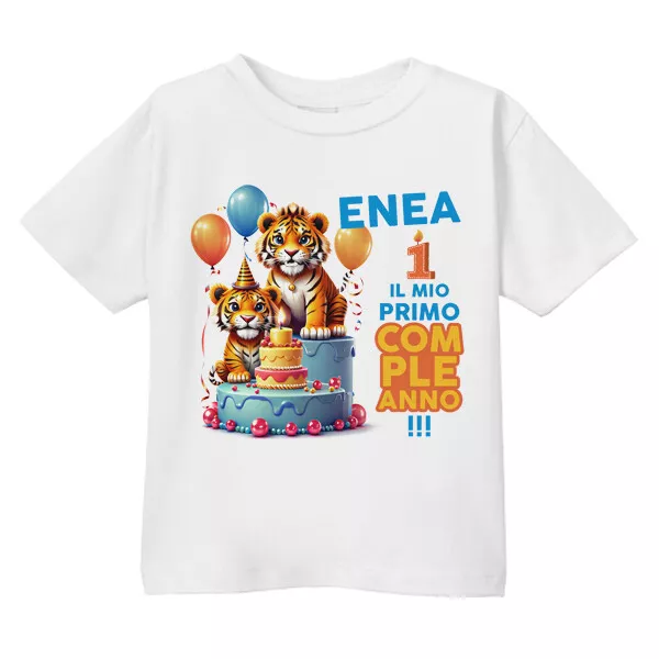 T-shirt maglietta bimbo Primo Compleanno personalizzata nome Tigrotti Giungla