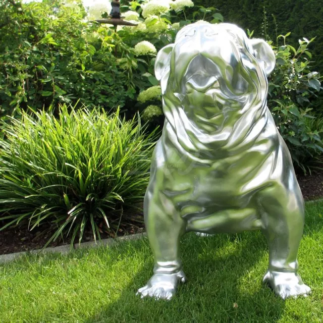 englische BULLDOGGE 93 cm SILBER Garten Deko Figur HUND Tier Skulptur Hunde