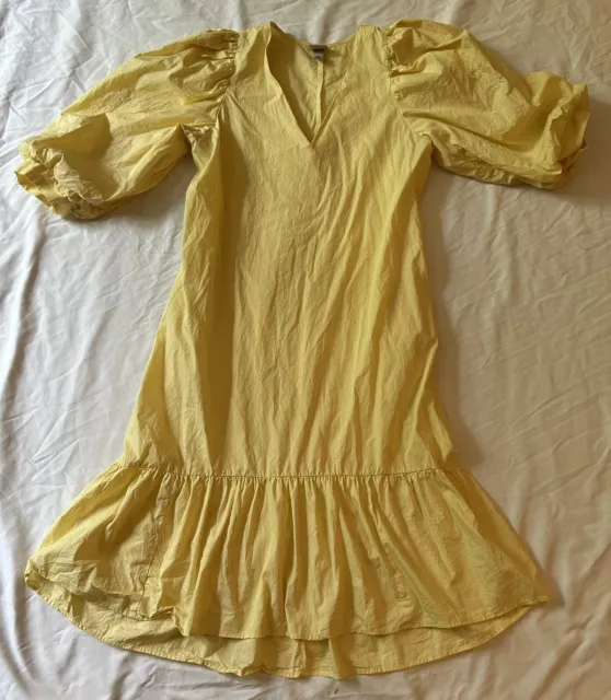 A New Day Midi Dress Women’s Size Medium Yellow V-Neck Puff Sleeve Cotton READ