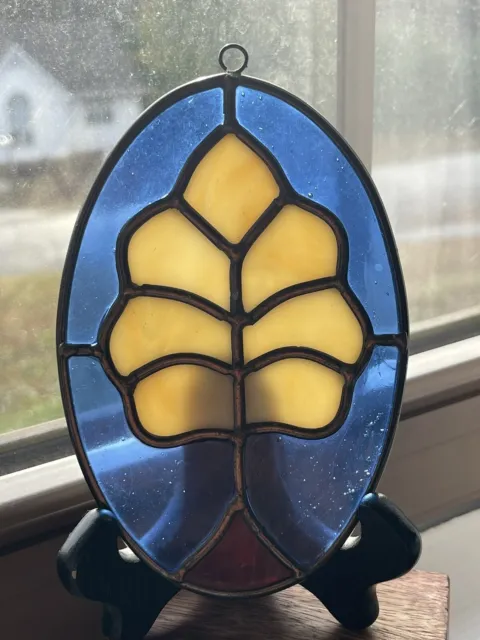 Vtg Leaded Stained Glass Oval Hanging  Plaque