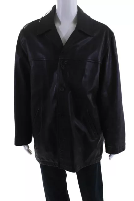 J Crew Mens Wool Lined Button Up Leather Jacket Coat Dark Brown Size Large