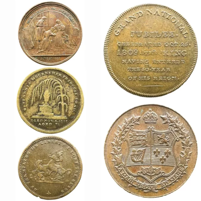 FIVE 19th CENTURY MEDALS / TOKENS INCL WILLIAM IV / VICTORIA AND GEORGE III