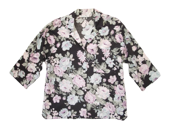 Christian Dior Womens Top Small Black Floral Button Up Made in USA Vintage