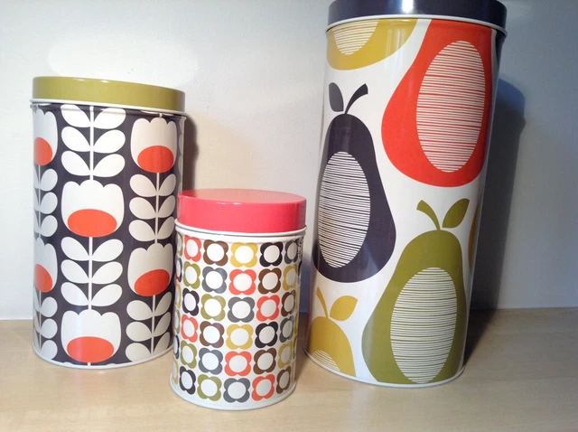 Genuine Orla Kiely. Set of 3 Tall Nesting Canister Storage Tins. Retro. Ex Condi