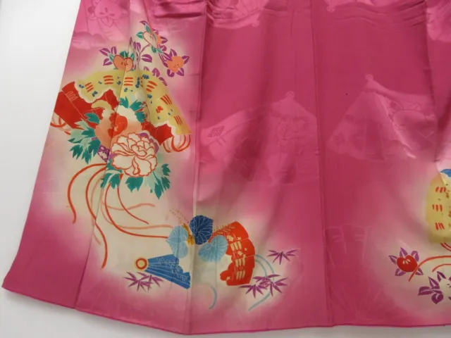 1418T05z570 Antique Japanese Kimono Silk IROTOMESODE Dark pink Folding fan 4