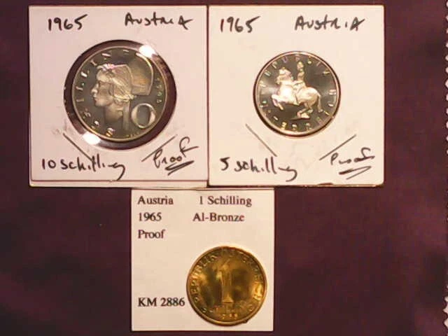 1965  Austria 10, 5 & 1 Schilling Proof Coin Set - Free Global Shipping