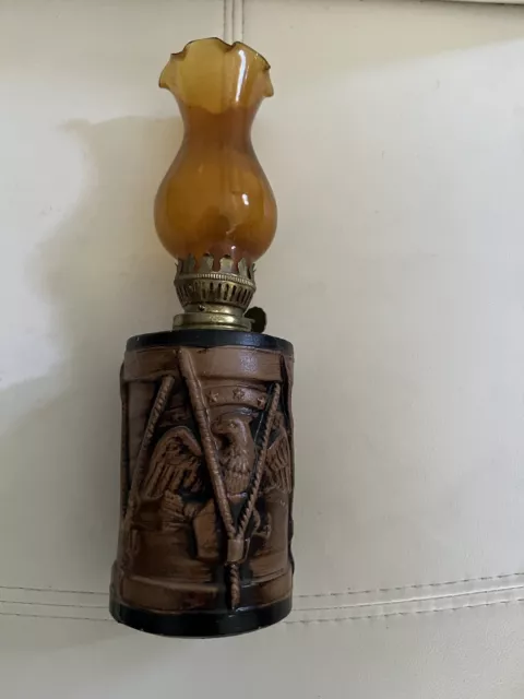 Vintage Amber Glass Hurricane Oil Lamp 9” Tall Rustic Eagle Design 2