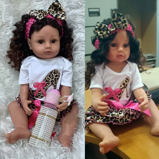 22" Full Body Vinyl Silicone Reborn Toddler Girl Doll Brown Skin Curly Hair Cute