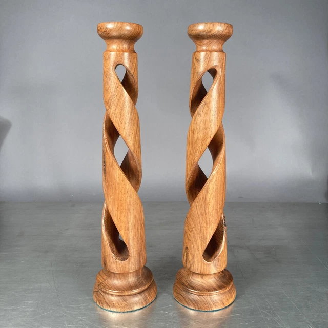 Vintage Pair 11.5" Turned Wooden Open Barley Twist Candlesticks Dark Academia