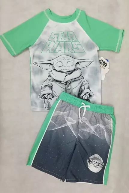 Star Wars Boys Size Large Yoda Rash Guard Swim Trunks Set NEW