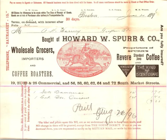 Howard W Spurr & Co Boston MA 1896 Billhead Revere Coffee Paul Revere Vignette