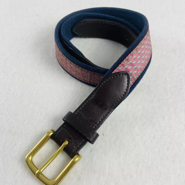 Vineyard Vines Mens Golf Belt Leather Tab Brass Buckle Blue Whales Sz 32