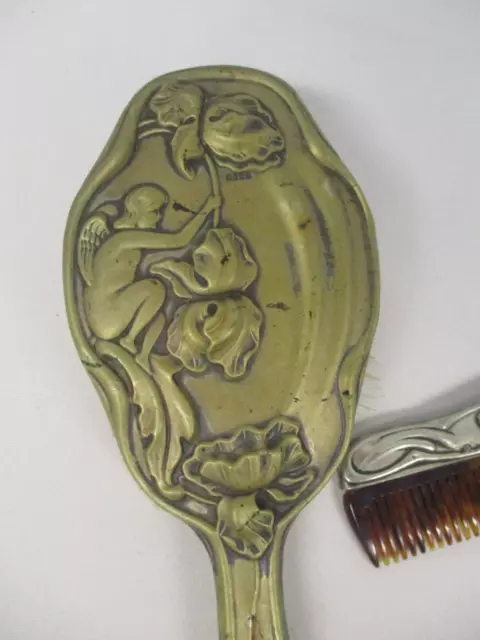 ANTIQUE EPNS ART NOUVEAU BRUSH & COMB SET with CHERUB FAIRY by FLOWERS 2