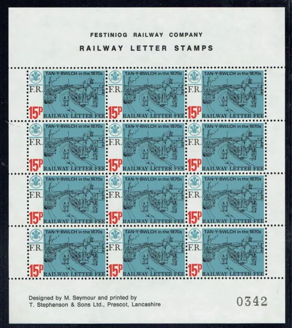 Festiniog Railway 1972 15p Railway Letter stamp complete sheet UM