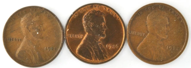 Lot Of 3  Lincoln Cent Wheat Pennies 1921 S 1923 S & 1926 US Bronze Coins