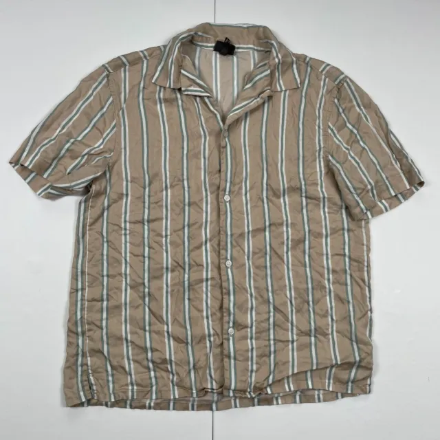 Mens Short Sleeve Shirt Medium Beige Striped Button Up H&M