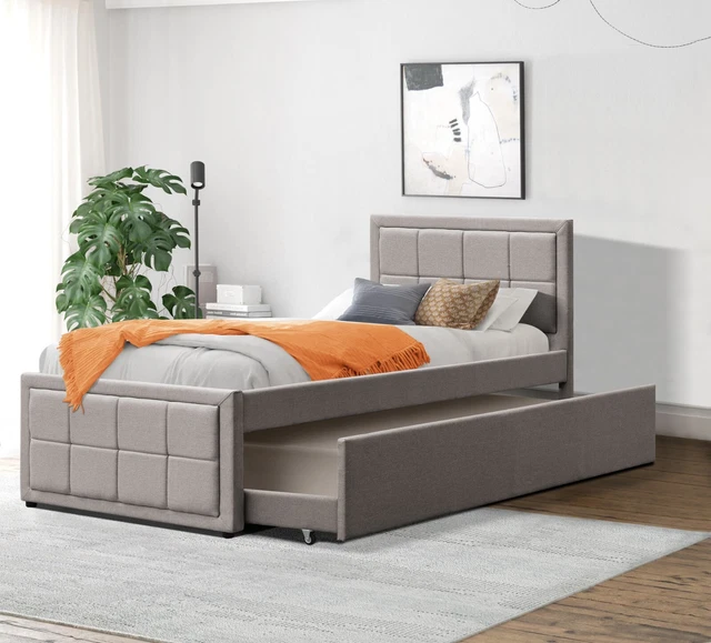 SINGLE TRUNDLE BED Frame & Mattress Grey Pull Out Storage Sleepover Bed
