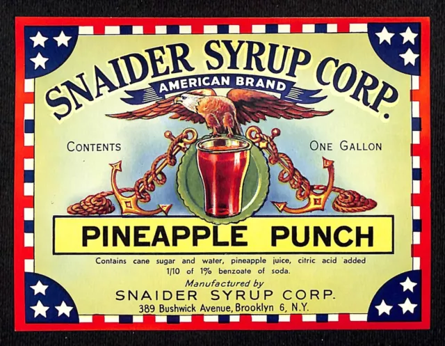 Pineapple Punch Snaider Syrup Corp. Brooklyn Paper Soda Label c1940's Patriotic