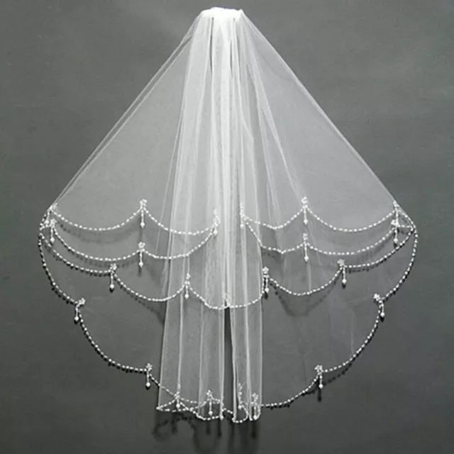 2 couches blanc/ivoire coude longueur perles bord mariage voile de mariée+peigne