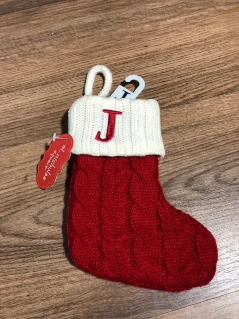 NWT St. Nicholas Square Red Cable Knit Monogram J Mini Christmas Stocking