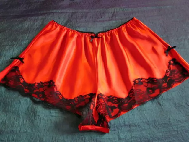 Red Satin French Knickers XXL Black Lace Slinky Vintage Style Panties NEW