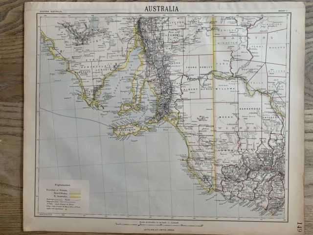 1889 SOUTH AUSTRALIA WEST VICTORIA ANTIQUE MAP BY LETTS, SON & Co. 131 YEARS OLD