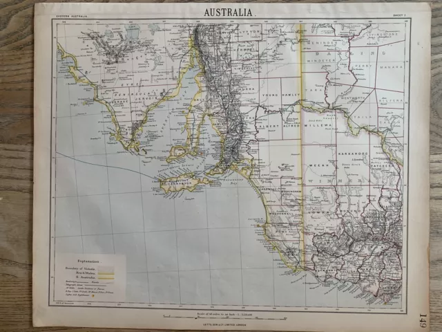 1889 SOUTH AUSTRALIA WEST VICTORIA ANTIQUE MAP BY LETTS, SON & Co. 131 YEARS OLD