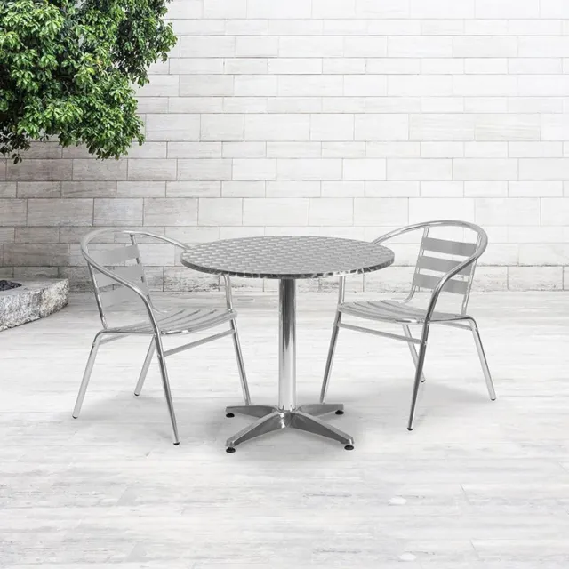 Durable 31.5'' Round Aluminum Indoor/Outdoor Table Set w/2 Slat Back Chairs