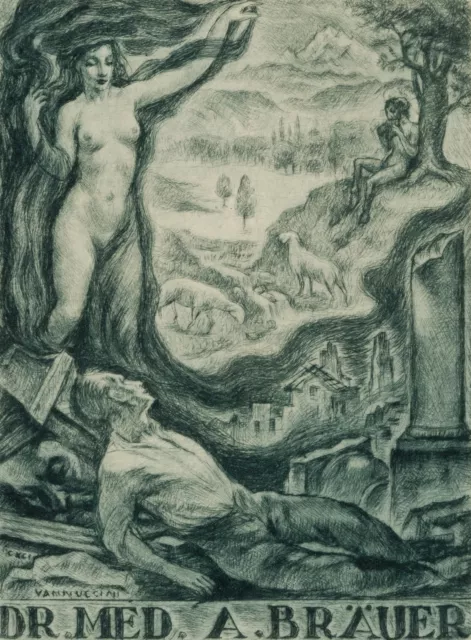 E. VANNUCCINI (*1900), Exlibris Dr. med. A. Bräuer, ruota. Simbolismo erotico