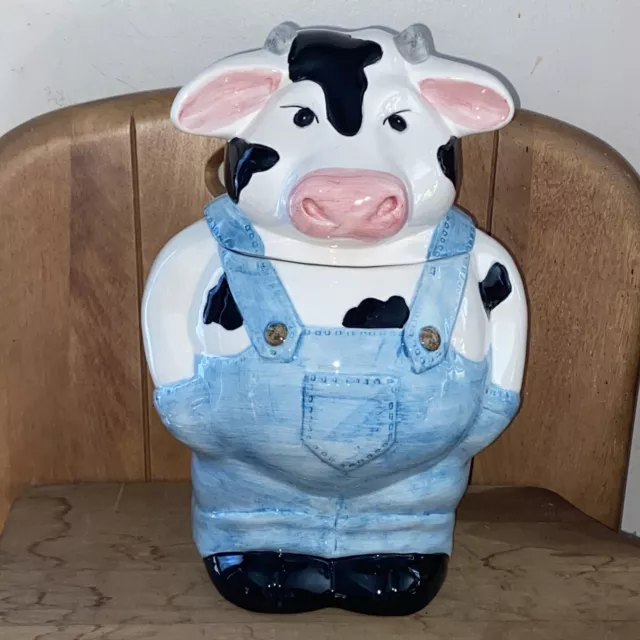 NIB VTG Savoy Housewares Cow in Overalls Ceramic Cookie Jar wIth Lid Collectible