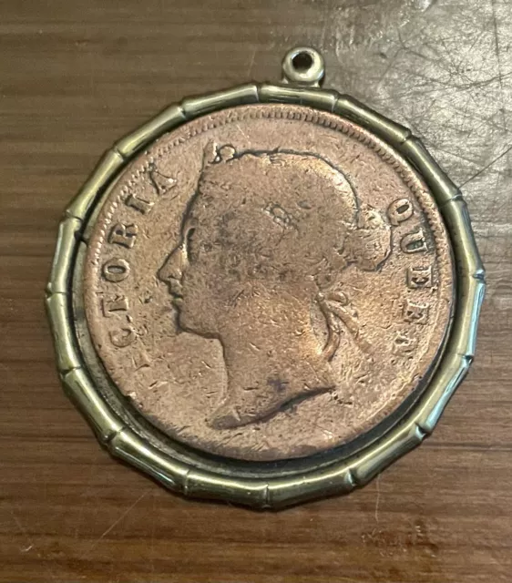 One Cent Copper Coin Queen Victoria Encase In Metal Pendant