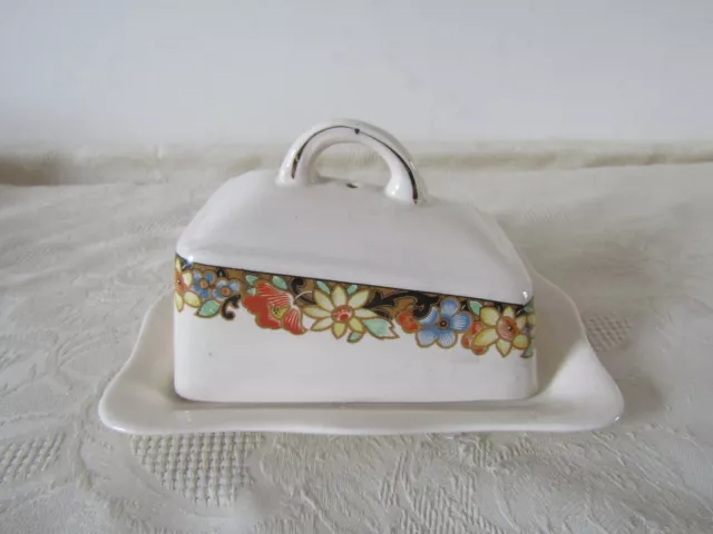 Vintage retro Ivory  England Cream & Floral Butter Cheese Dome Dish & Lid