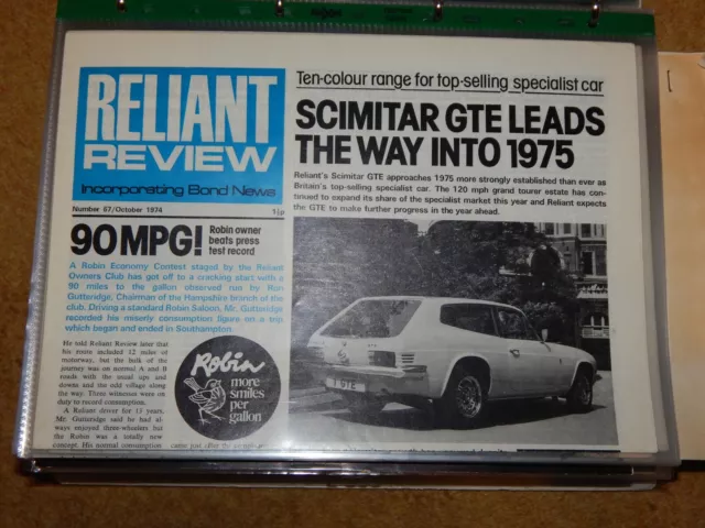 RELIANT REVIEW NEWSPAPER No 67 OCTOBER 1974 edition - Robin Scimitar Bond Bug