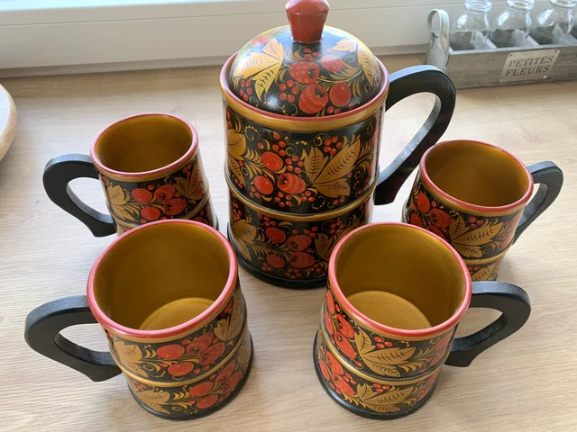 5er Set RUSSISCHE UDSSR HOLZ Tassen + Krug Handbemalt KHOKHLOMA Volkskunst Deko