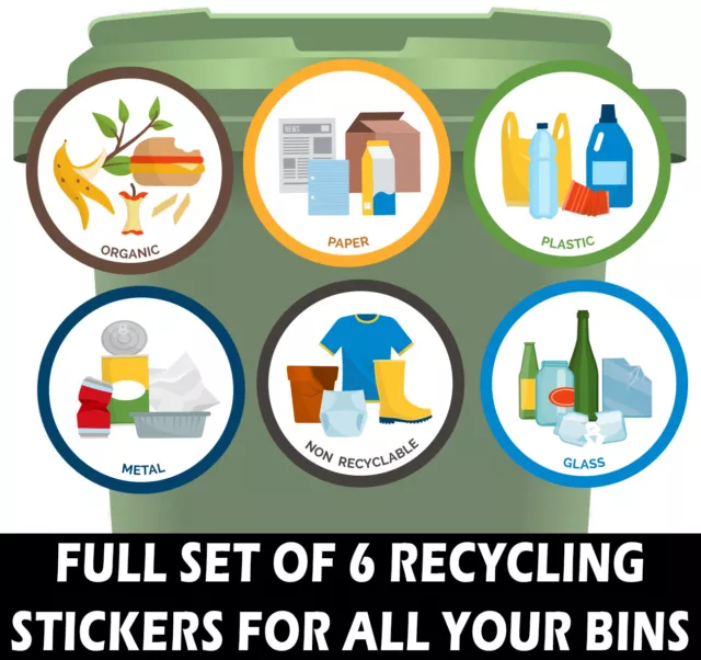 Recycling Bin Stickers General Waste, Plastic, Metal, Organic, Glass, Paper