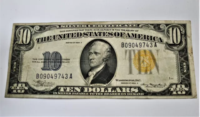 1934 Ten Dollar Gold Seal Silver Certificate! Serial#B 09049743 A! Vg/Fine