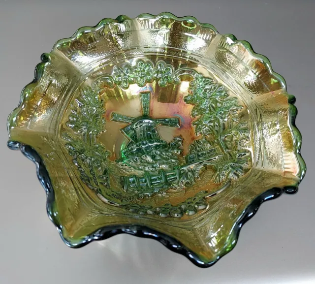 Vintage CARNIVAL GLASS Imperial Bowl Emerald Marigold WINDMILL W/Ruffles Mint C