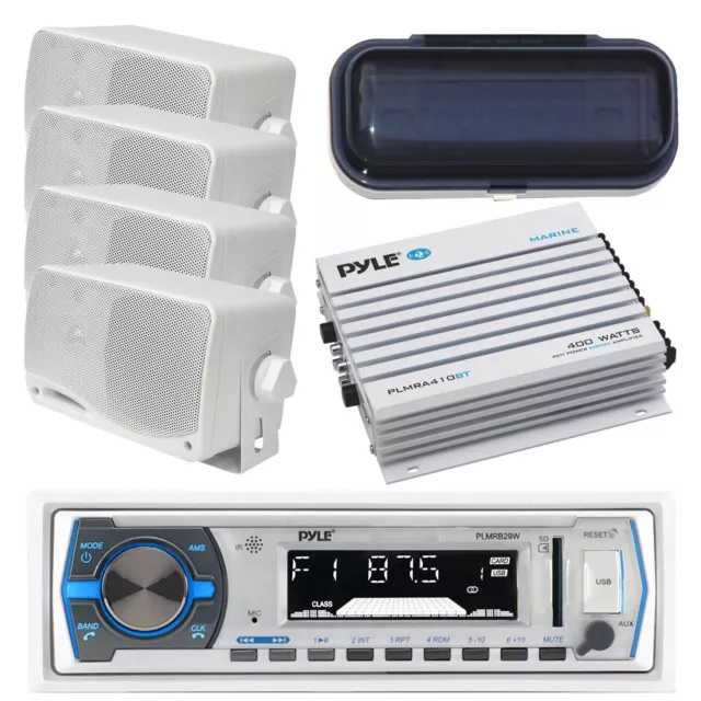 Pyle PLMRB29W Marine AM/FM AUX Receiver, 4Ch Amp, 4x White Box Speakers, Cover