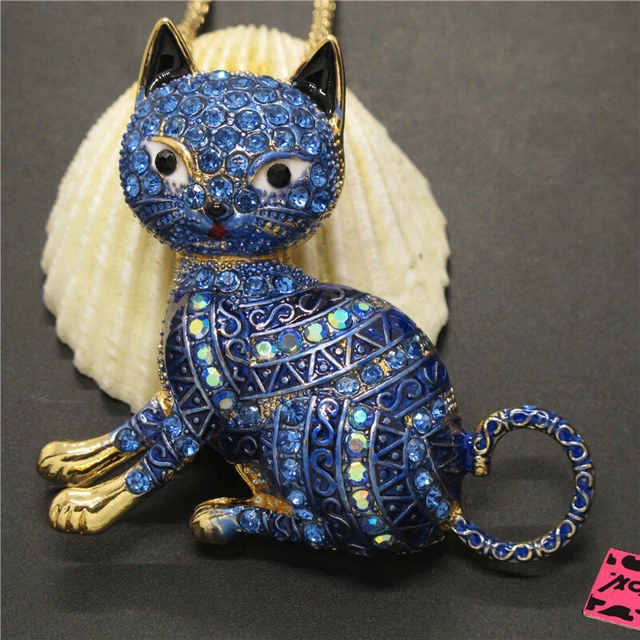 Hot Blue Enamel Exquisite Cat Crystal Betsey Johnson Pendant Sweater Necklace